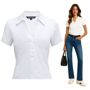 $198 VERONICA BEARD Kearney Cotton Polo T-Shirt Sz L White